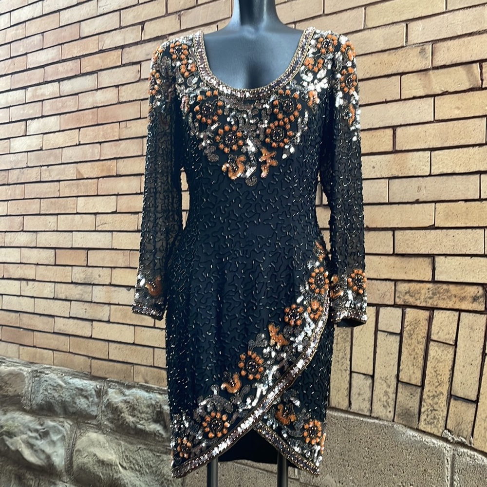 Vintage 90’s Black Tie by Oleg Cassini Silk Beaded Sequin Deco Midi Dress Size 8